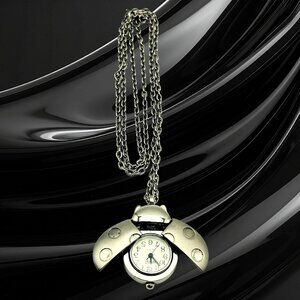 Vintage Consort Ladybug Pendant Watch Necklace Silver Tone Quartz Japan Movement